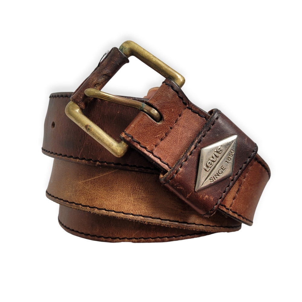 Vintage Levi's Brown Leather Men's Belt with Solid Brass Buckle